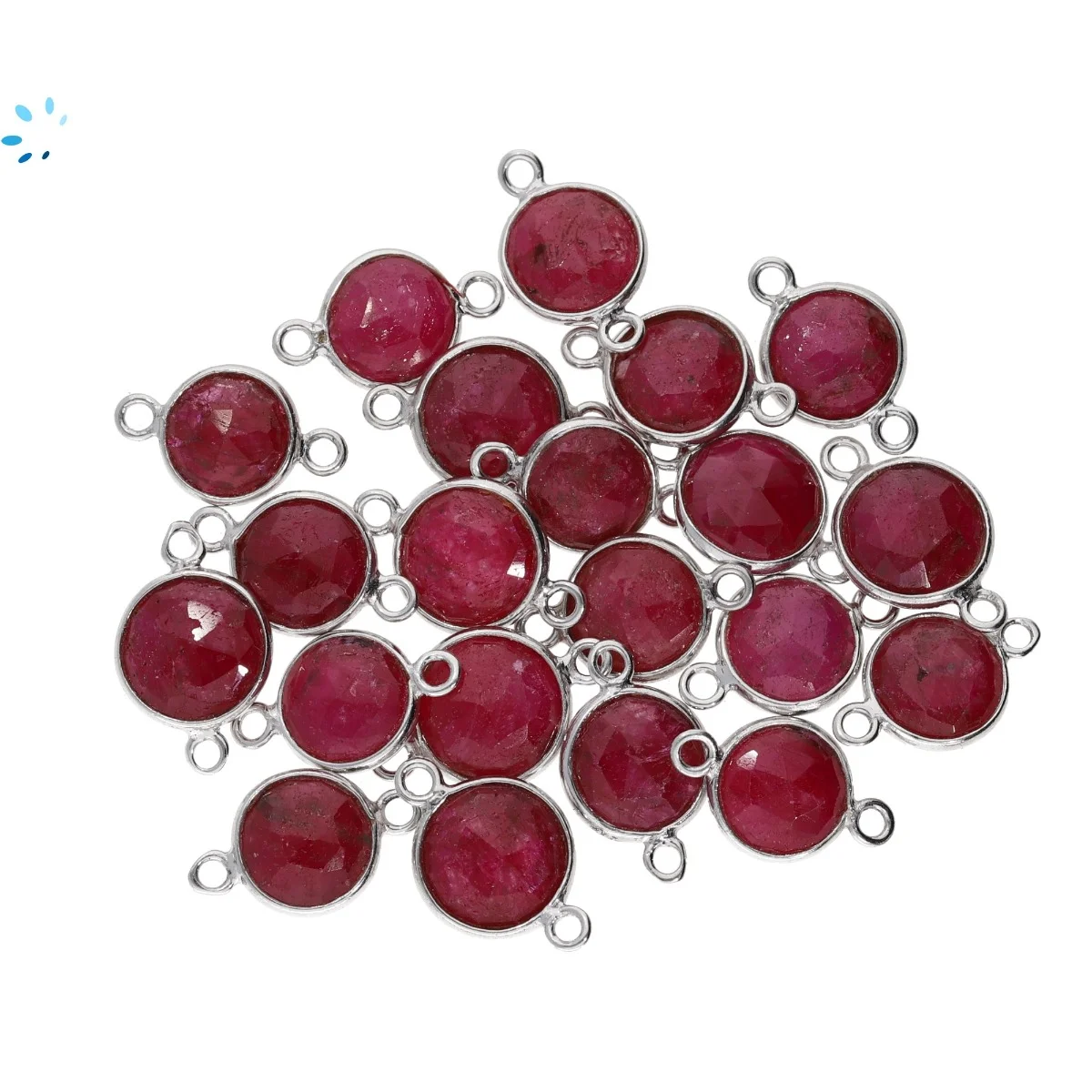 Ruby Dyed Corundum Coin Bezel Connector 9mm - Platinum Plated Sterling Silver - Set of 4