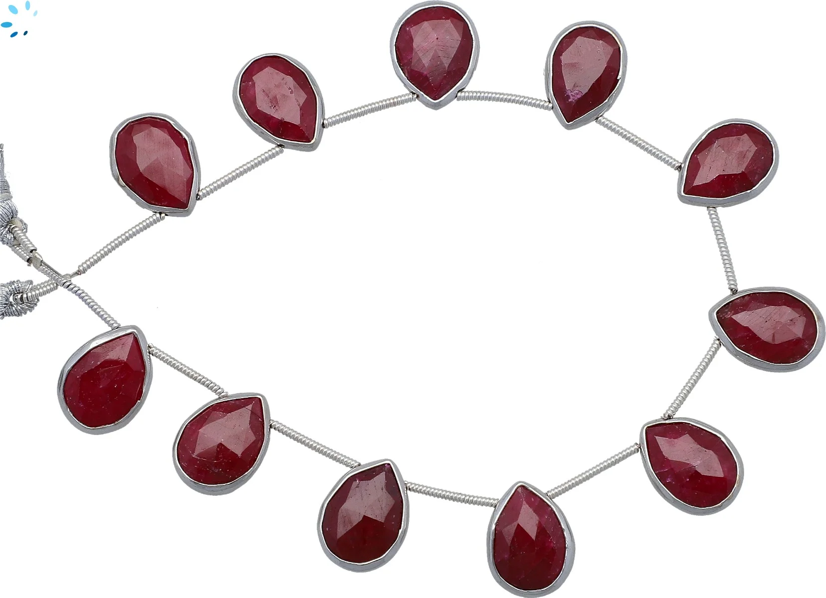 Ruby Dyed Corundum Faceted Pear Bezel Set Beads 13x10 - 15x12mm Top Drilled - Platinum Plated Sterling Silver