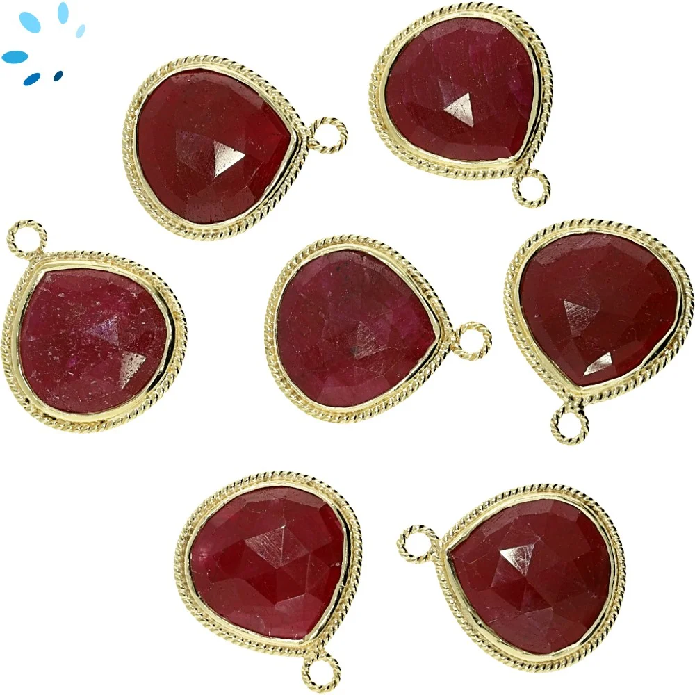 Ruby Dyed Corundum Heart Twisted Wire Bezel Pendant Charm 18mm - 18k Gold Plated Sterling Silver - Set of 2