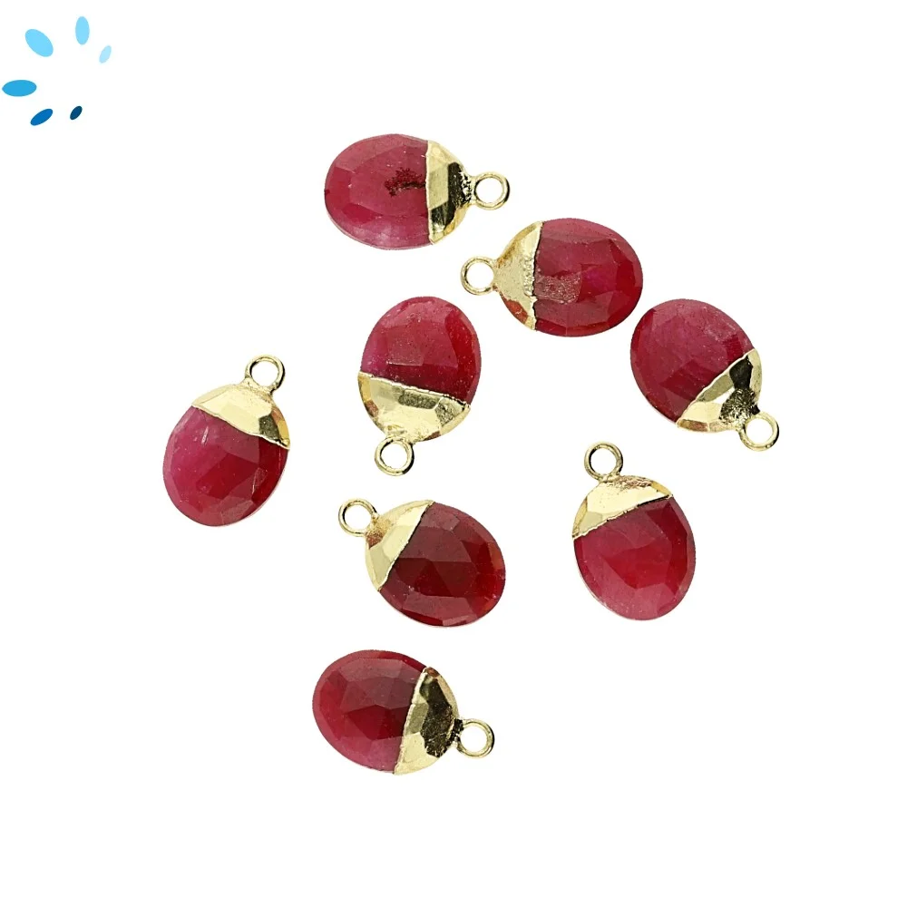 Ruby Dyed Corundum Oval Pendant Charm 10x8 - 12x9mm 18k Gold Electroplated - Set of 4