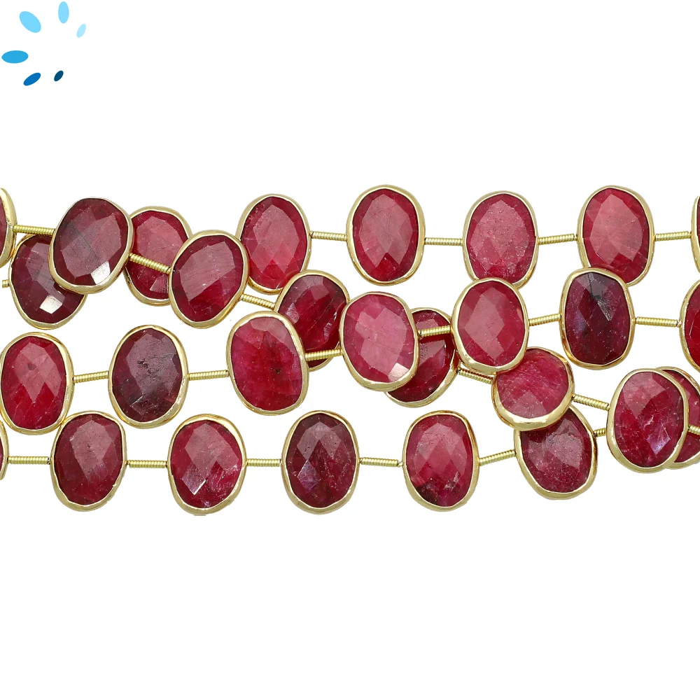 Ruby Faceted Nuggets Bezel Set Beads 15x12mm Center Drilled - 18k Gold Plated Sterling Silver