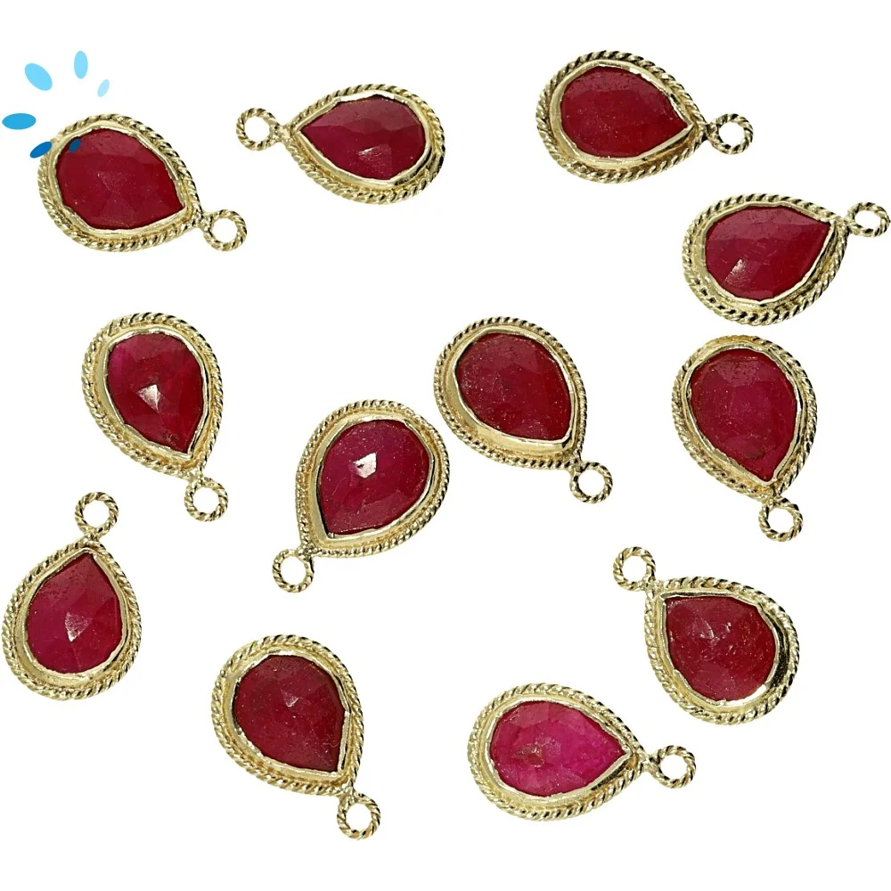 Ruby Pear Twisted Wire Bezel Charm Pendant 11x9mm - 18k Gold Plated Sterling Silver - Set of 4