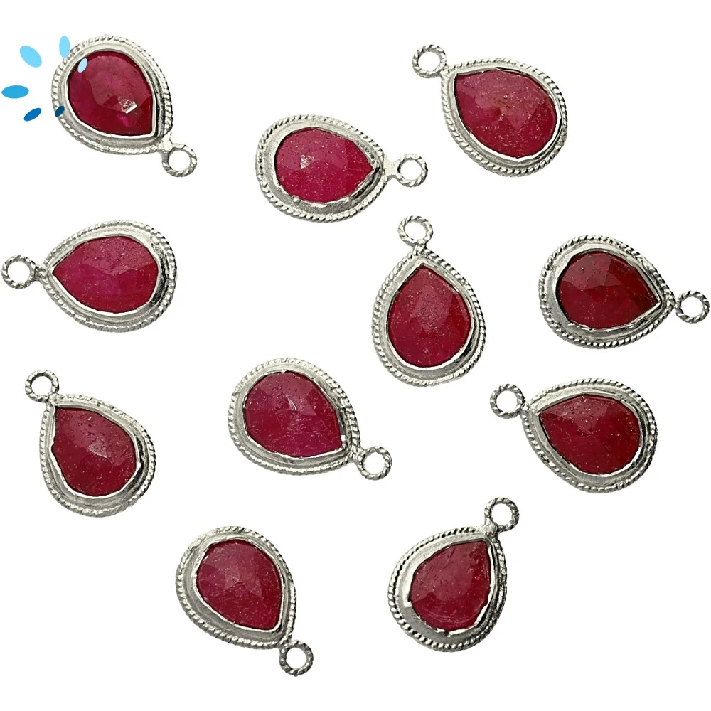 Ruby Pear Twisted Wire Bezel Pendant Charm 11x9mm - Silver Plated Sterling Silver - Set of 4