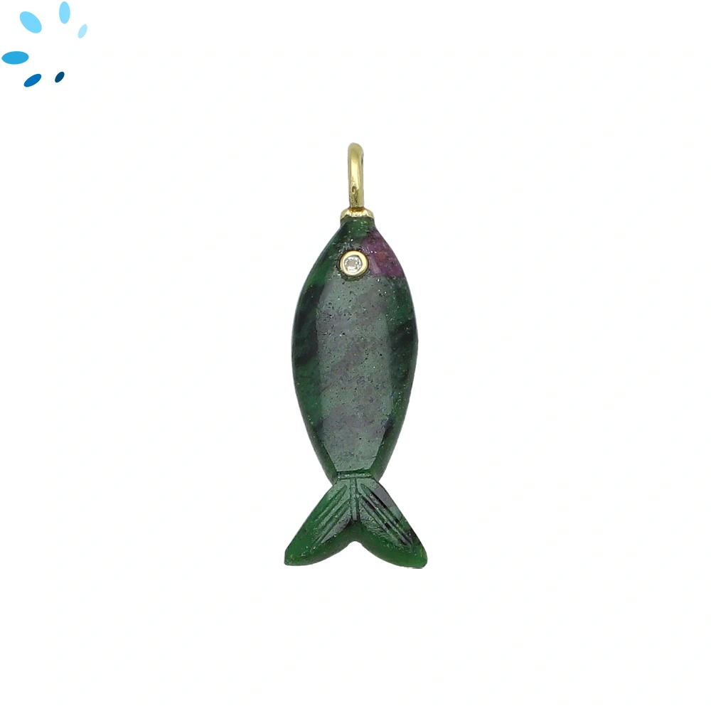 Ruby Zoisite & White Topaz Vertical Elongated Fish Inlay Pendant Charm 25x9mm - 18k Gold Plated Sterling Silver