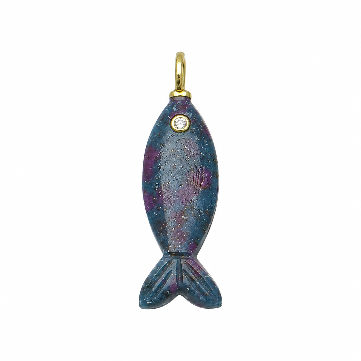 Ruby Zoisite & White Topaz Vertical Elongated Fish Inlay Pendant Charm 25x9mm - 18k Gold Plated Sterling Silver