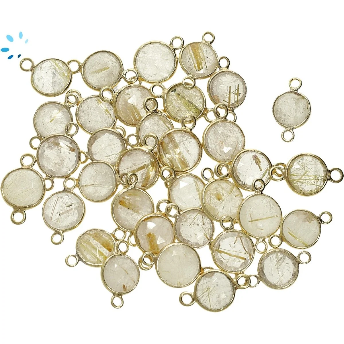 Rutilated Quartz Coin Bezel Connector 9mm - 18k Gold Plated Sterling Silver - Set of 4