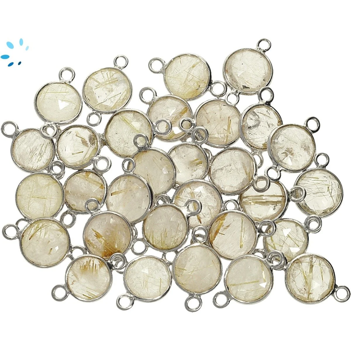 Rutilated Quartz Coin Bezel Connector 9mm - Platinum Plated Sterling Silver - Set of 4