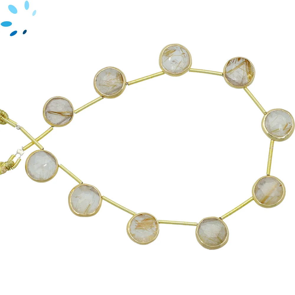 Rutilated Quartz Faceted Coin Bezel Set Beads 11mm Top Drilled - 18k Gold Plated Sterling Silver