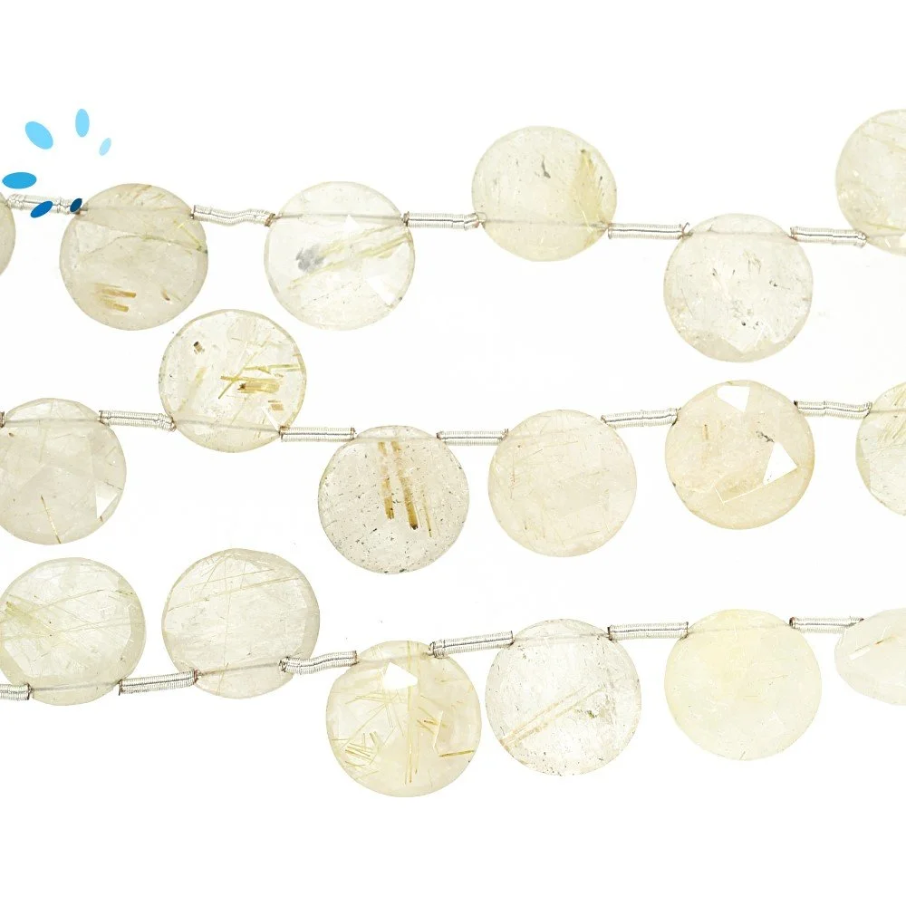 Rutilated Quartz Faceted Coin Top Drilled Beads 12mm - 8 Inch Strand
