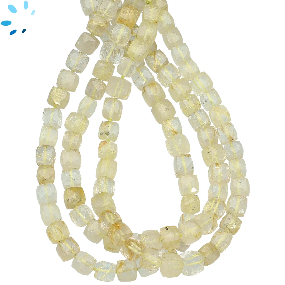 Rutilated Quartz Faceted Cube Top to Bottom Drilled Beads 5mm - 8 Inch Strand