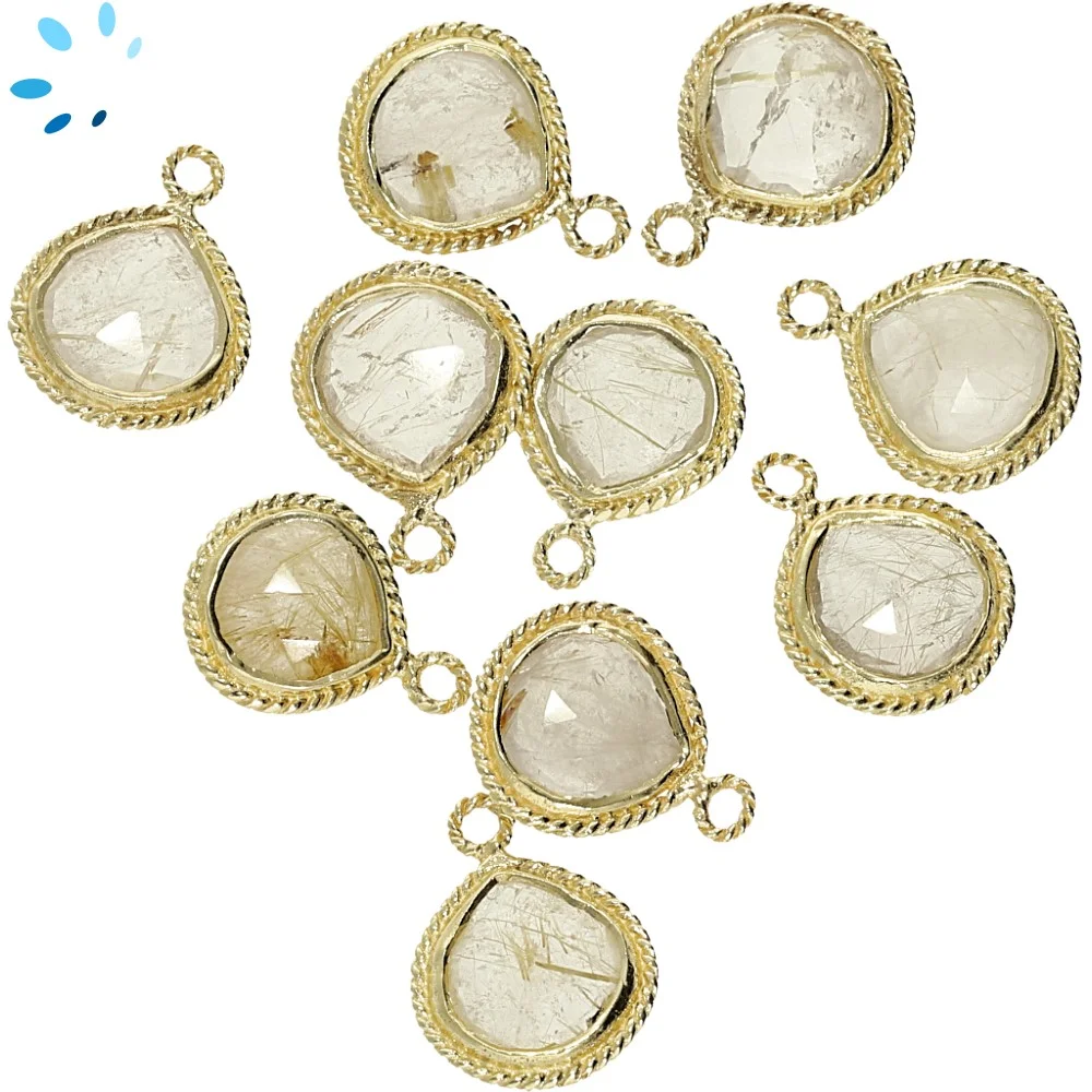 Rutilated Quartz Heart Twisted Wire Bezel Charm Pendant 10mm - 18k Gold Plated Sterling Silver - Set of 4
