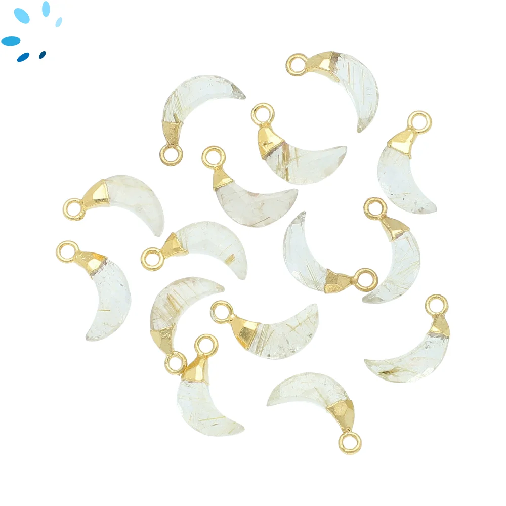 Rutilated Quartz Moon Pendant Charm 9x3mm 18k Gold Electroplated - Set of 4
