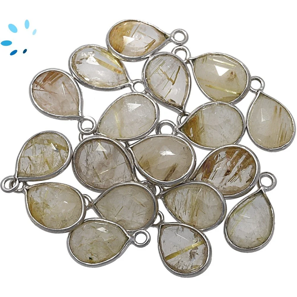 Rutilated Quartz Pear Bezel Charm Pendant 9x7mm - Silver Plated Sterling Silver - Set of 4