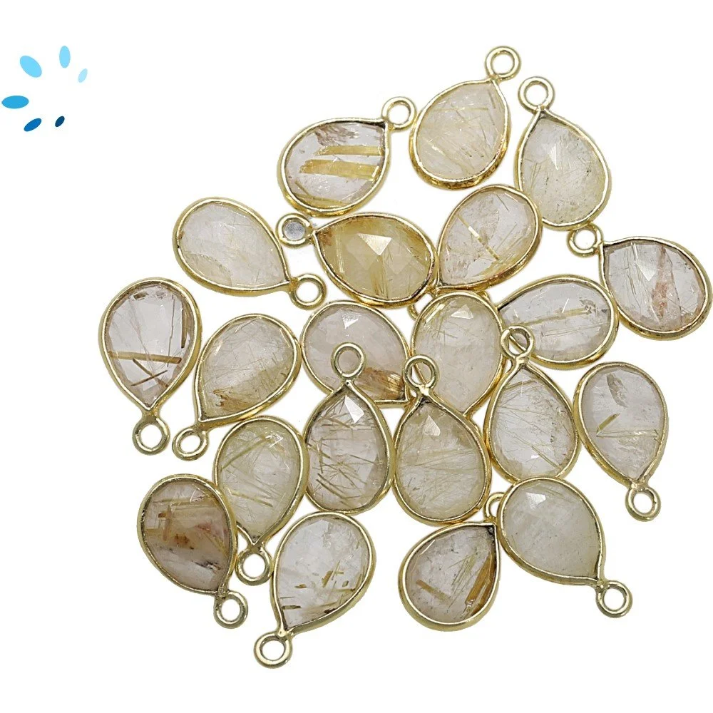 Rutilated Quartz Pear Bezel Pendant Charm 9x7mm - 18k Gold Plated Sterling Silver - Set of 4