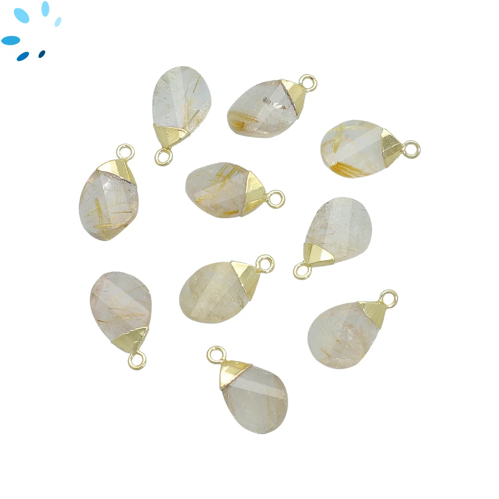 Rutilated Quartz Pear Pendant Charm 13x8mm 18k Gold Electroplated - Set of 4