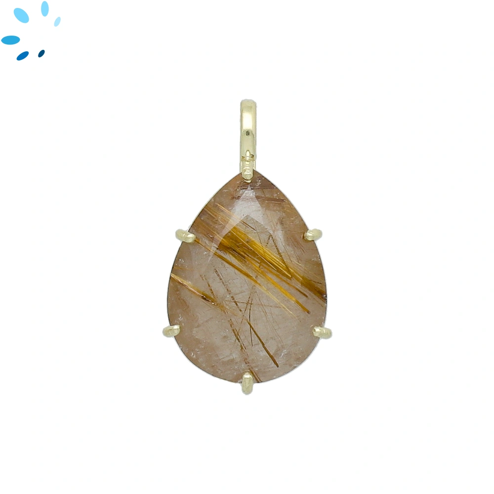 Rutilated Quartz Pear Prong-Set Pendant Charm 22x15mm - 18k  Gold Plated Sterling Silver - 1 Piece