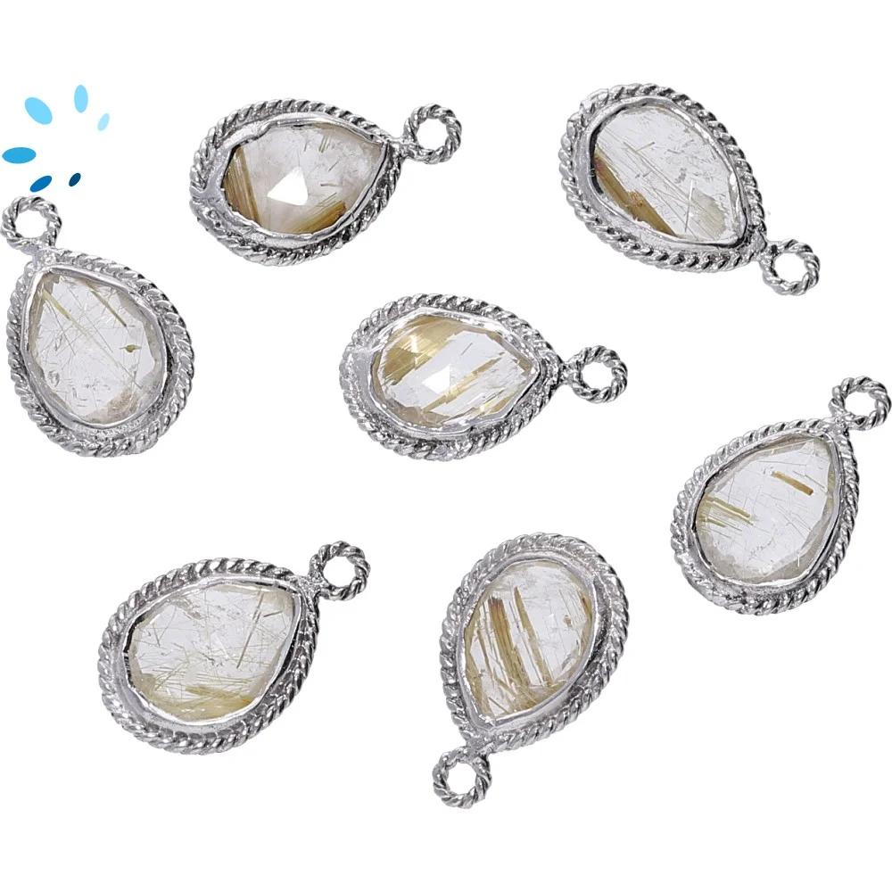 Rutilated Quartz Pear Twisted Wire Bezel Charm Pendant 10x8 - 12x9mm - Platinum Plated Sterling Silver - Set of 4