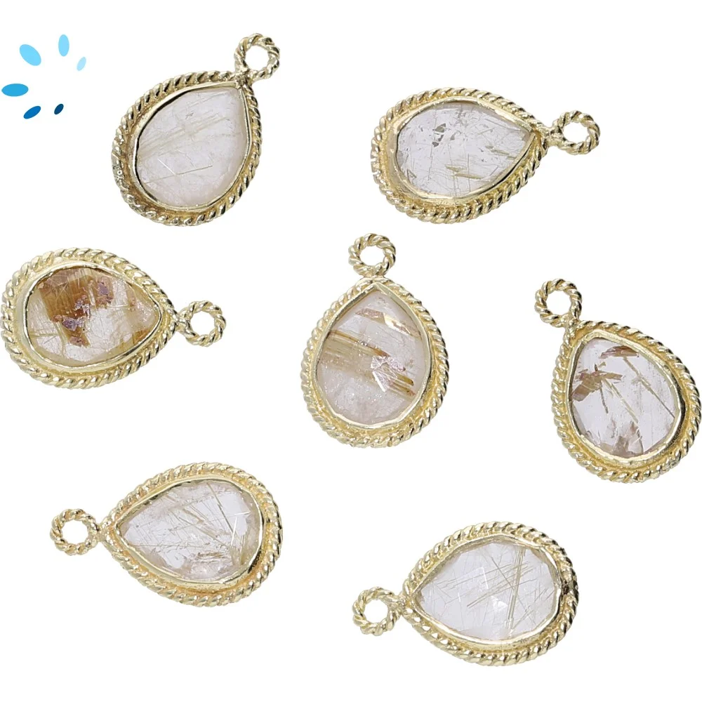 Rutilated Quartz Pear Twisted Wire Bezel Pendant Charm 10x8 - 12x9mm - 18k Gold Plated Sterling Silver - Set of 4