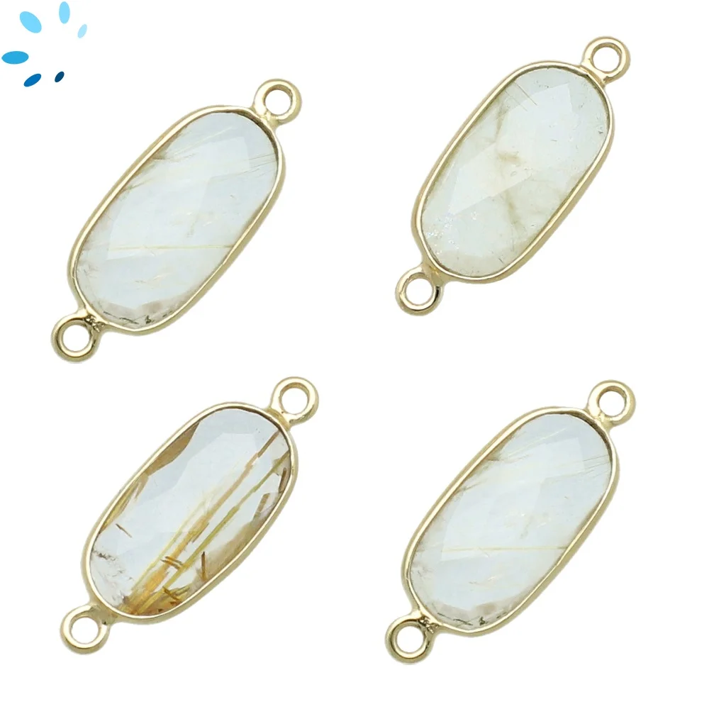 Rutilated Quartz Rectangle Bezel Connector 16x7 - 18x8mm - 18k Gold Plated Sterling Silver - Set of 4