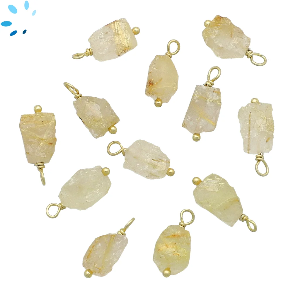 Rutilated Quartz Rough Bezel Charm Pendant 8x5 - 10x7mm - 18k Gold Plated Sterling Silver - Set of 4