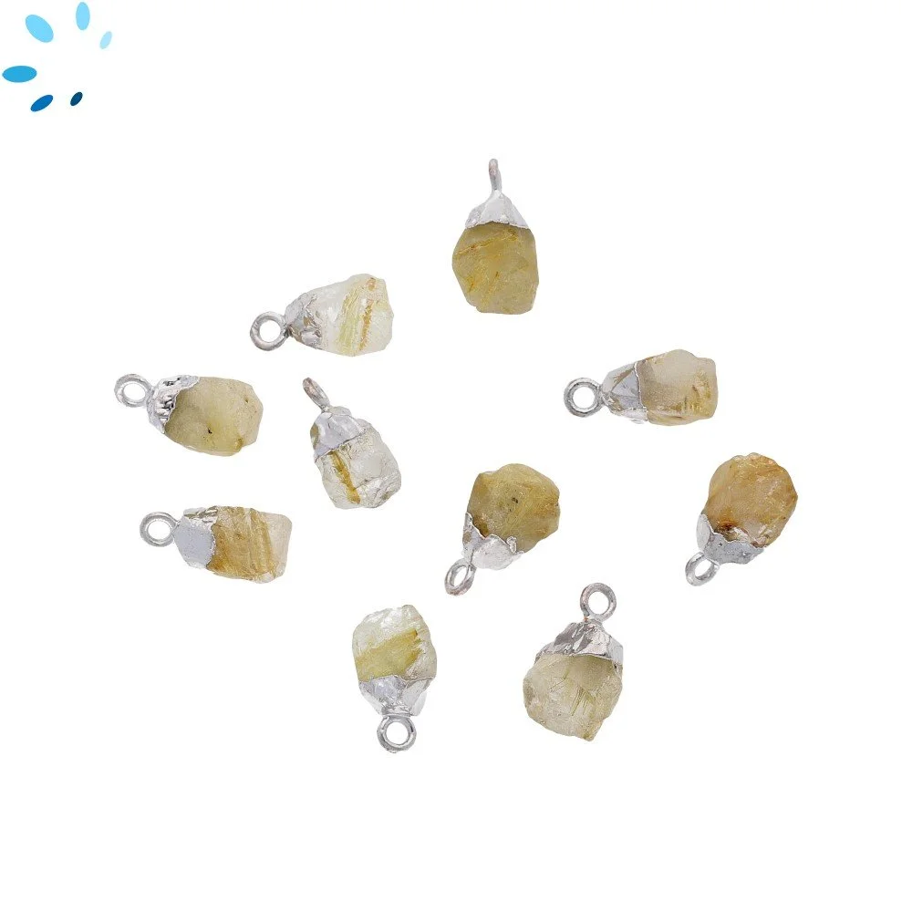 Rutilated Quartz Rough Charm Pendant 8x5mm - 10x7mm Silver Electroplated - Set of 4