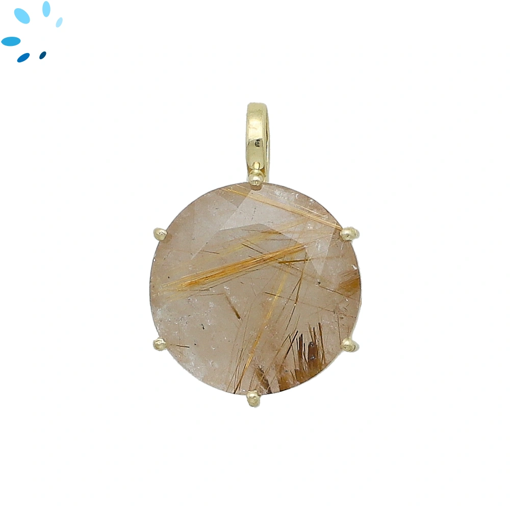 Rutilated Quartz Round Prong-Set Pendant Charm 17mm - 18k  Gold Plated Sterling Silver - 1 Piece