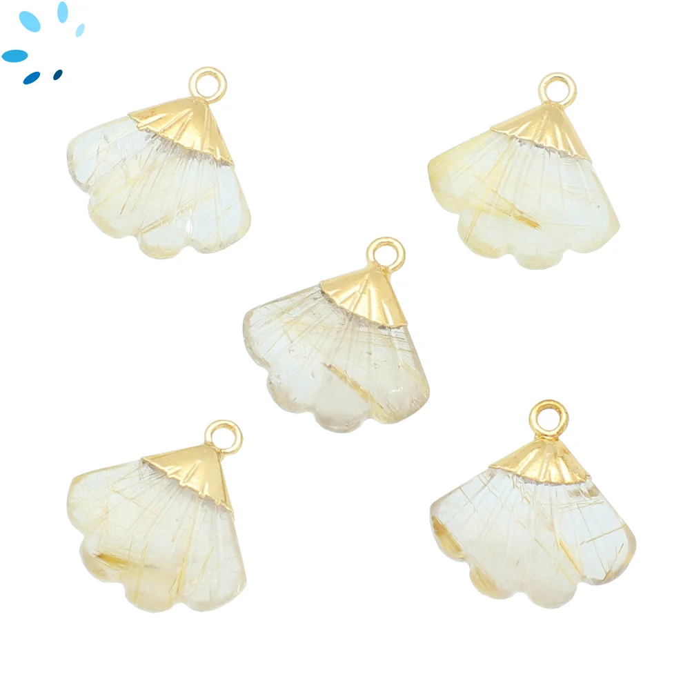 Rutilated Quartz Seashell Charm Pendant 16x13 - 18x14mm 18k Gold Electroplated - Set of 2