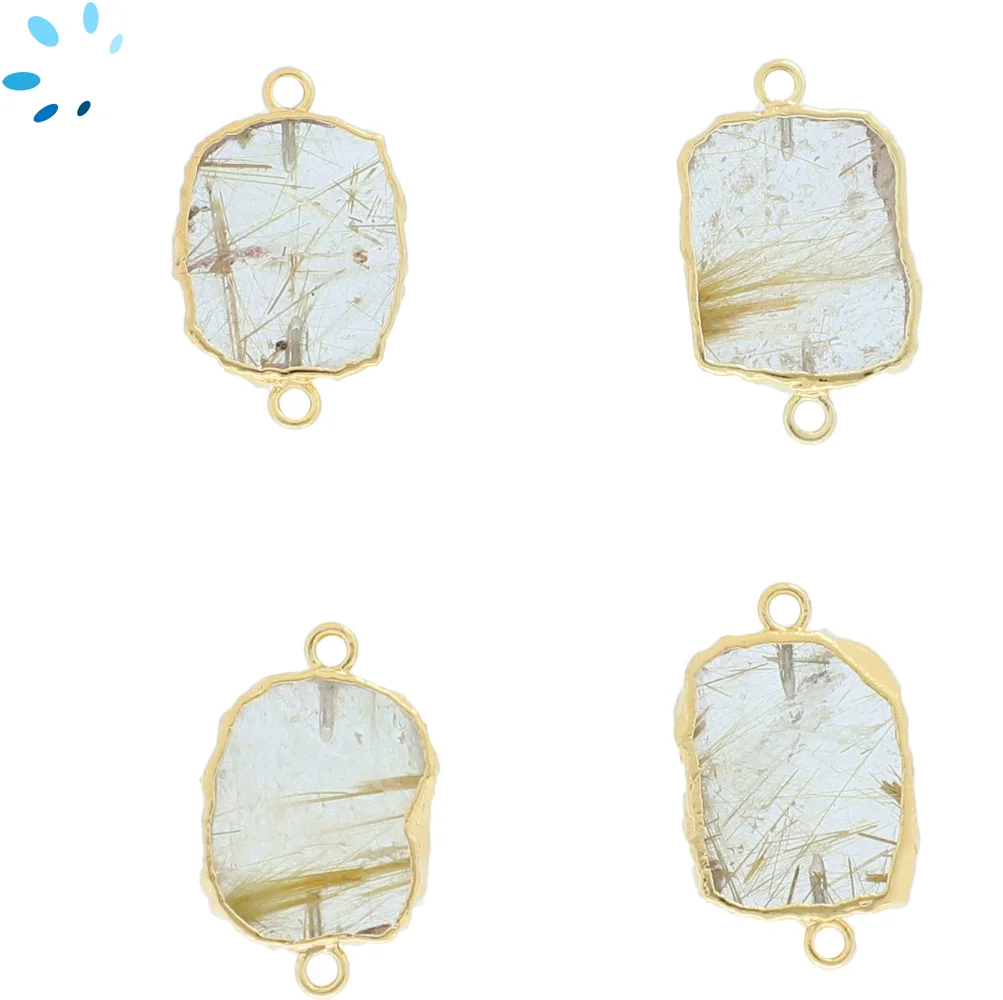 Rutilated Quartz Slice Connector 15x12mm 18kGold Electroplated - Set of 4