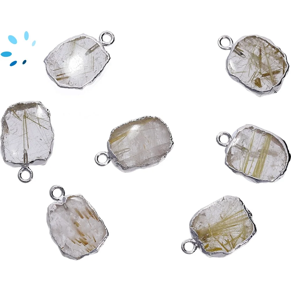 Rutilated Quartz Slice Pendant Charm 12x10 - 14x12mm Silver Electroplated -  Set of 4