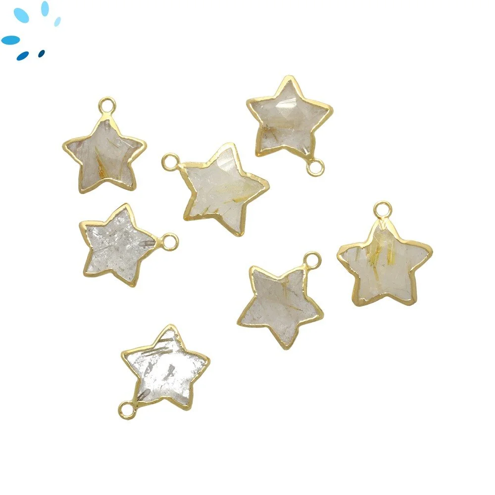 Rutilated Quartz Star Pendant Charm 12mm 18k Gold Electroplated - Set of 4
