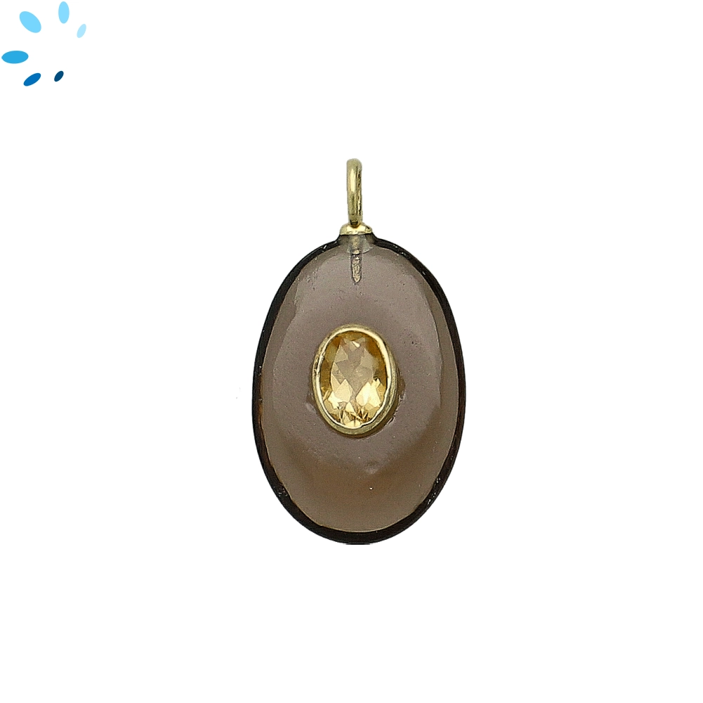 Smoky & Citrine Oval Inlay Pendant Charm 22x15mm - 18k Gold Plated Sterling Silver
