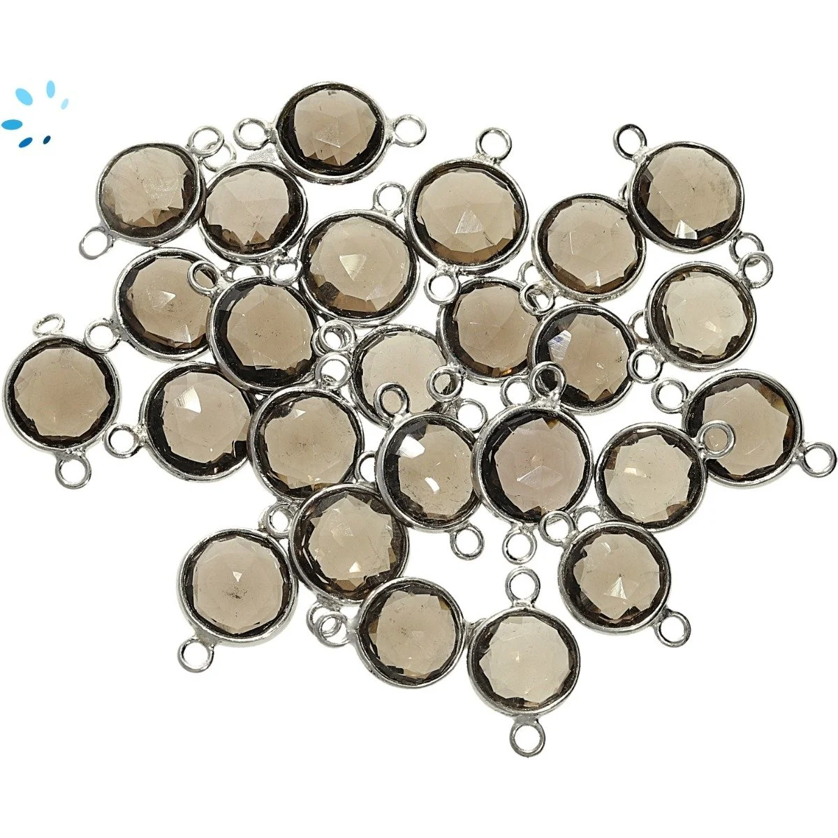 Smoky Quartz Coin Bezel Connector 9mm - Platinum Plated Sterling Silver - Set of 4