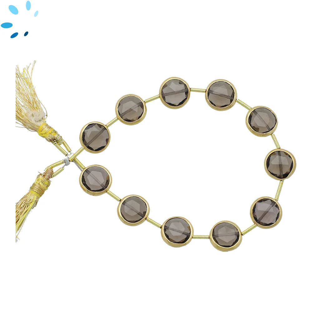 Smoky Quartz Faceted Coin Bezel Set Beads 11mm Center Drilled - 18k Gold Plated Sterling Silver