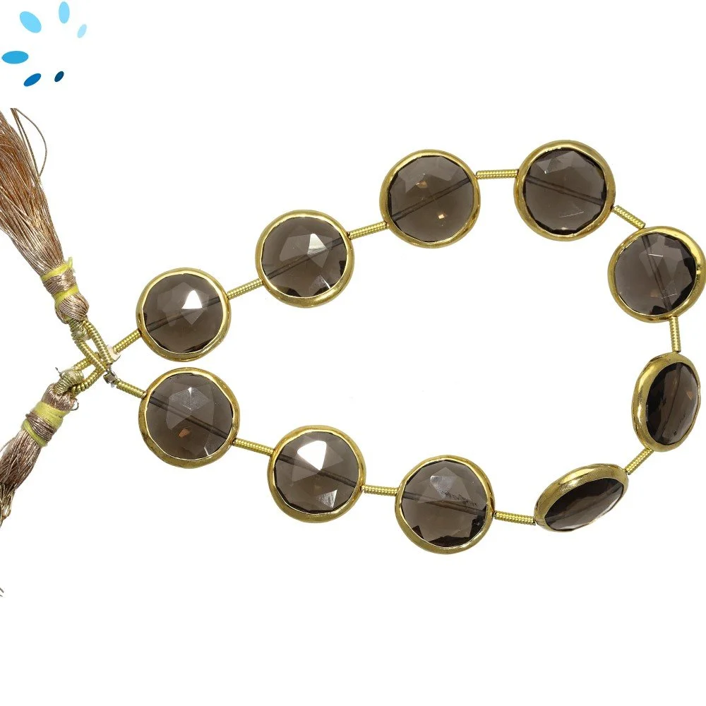 Smoky Quartz Faceted Coin Bezel Set Beads 12mm Center Drilled - 18k Gold Plated Sterling Silver