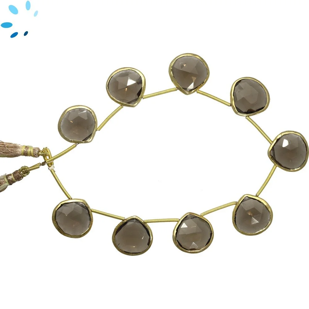 Smoky Quartz Faceted Heart Bezel Set Beads 14mm Top Drilled - 18k Gold Plated Sterling Silver