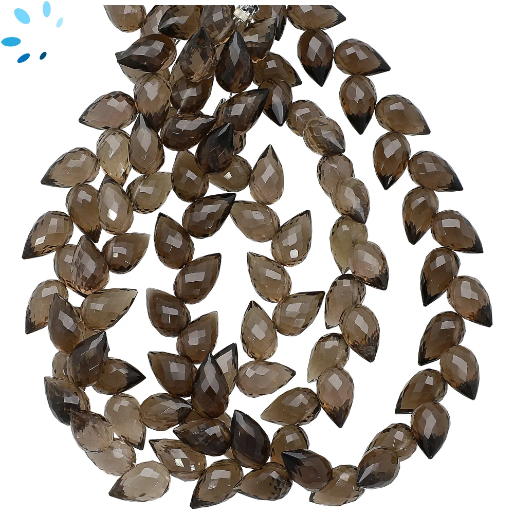 Smoky Quartz Faceted Teardrop Herringbone Drilled Beads 9x6mm - 8 Inch Strand