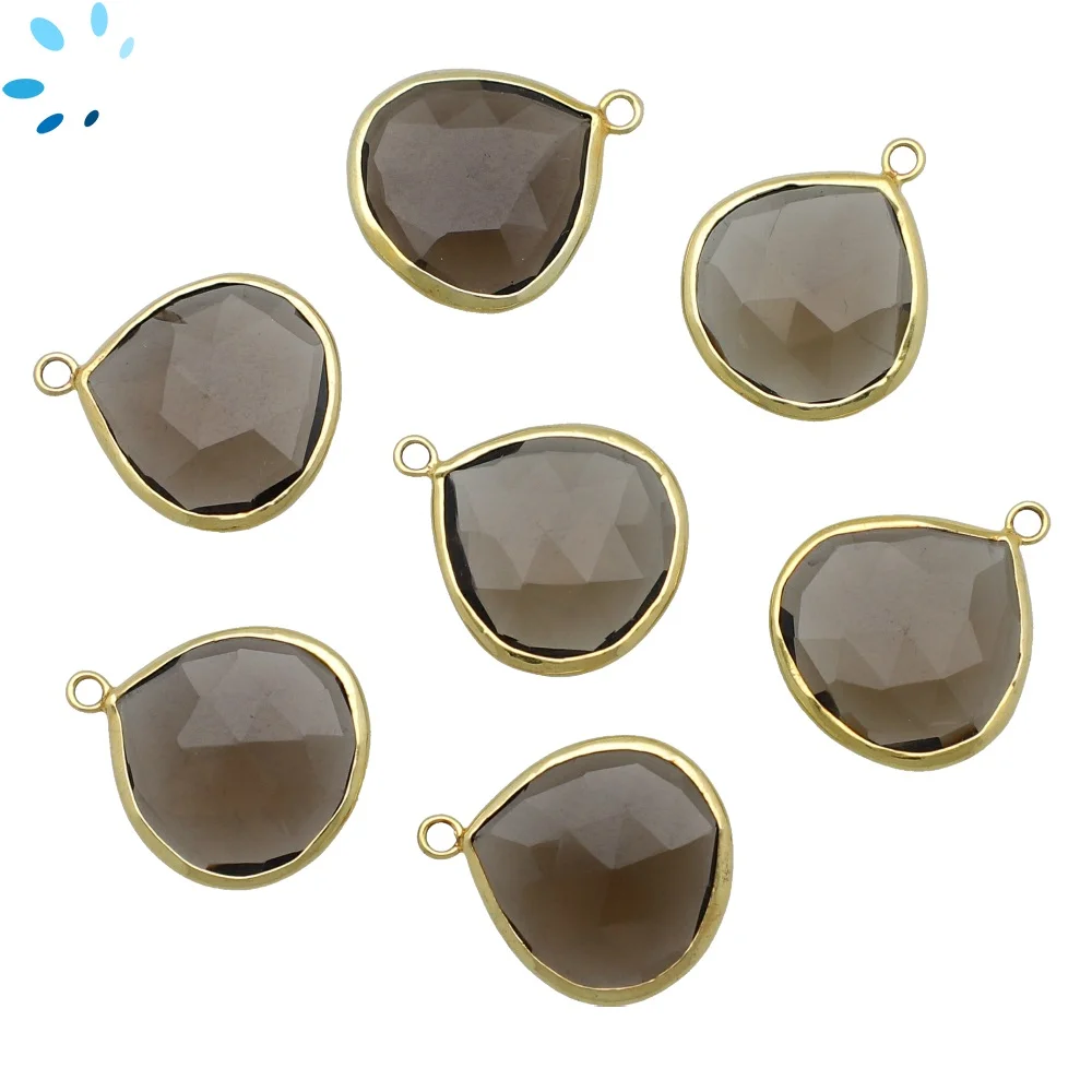 Smoky Quartz Heart Bezel Pendant Charm 19mm - 18k Gold Plated Sterling Silver - Set of 2