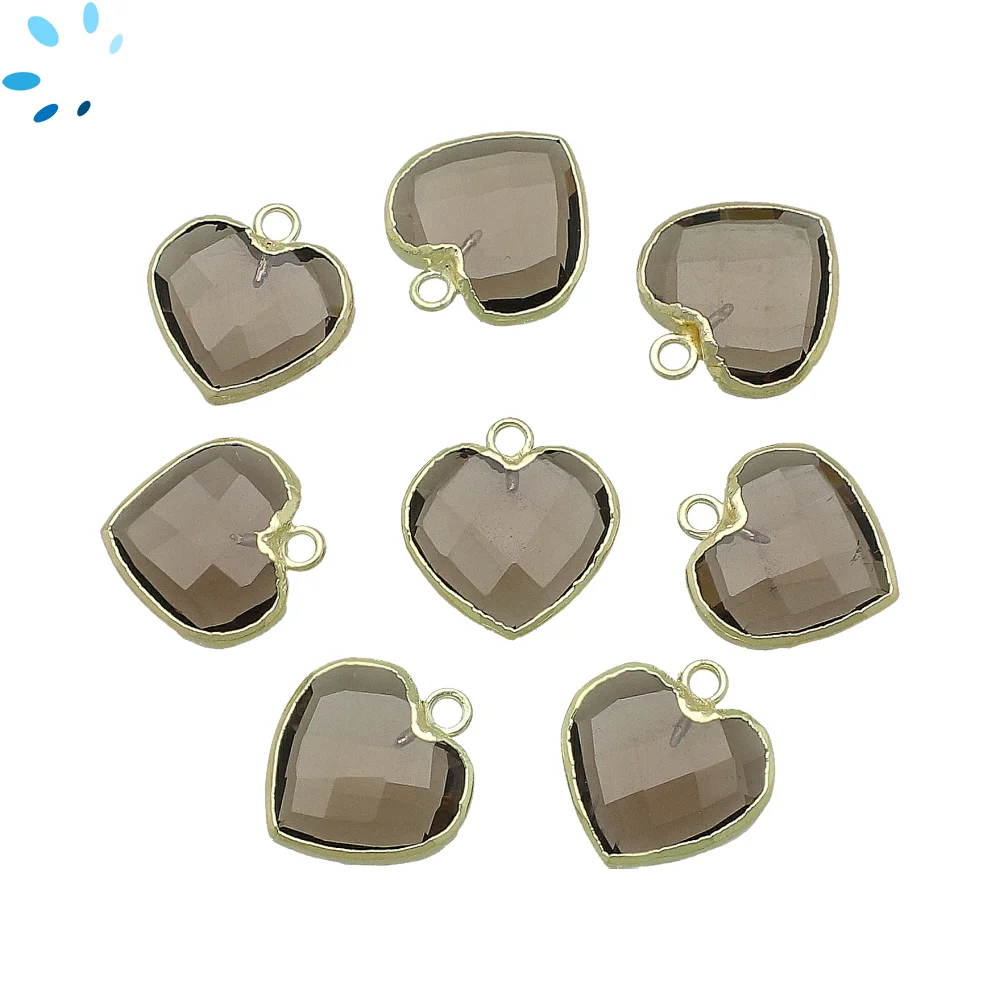 Smoky Quartz Heart Pendant Charm 14mm 18k Gold Electroplated - Set of 4