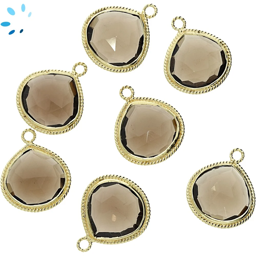 Smoky Quartz Heart Twisted Wire Bezel Pendant Charm 18mm - 18k Gold Plated Sterling Silver - Set of 2