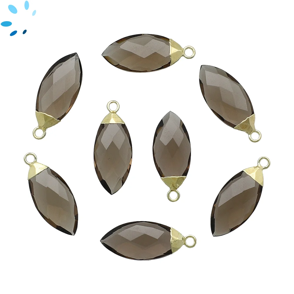 Smoky Quartz Marquise Charm Pendant 16x7 - 18x8mm 18k Gold Electroplated - Set of 4