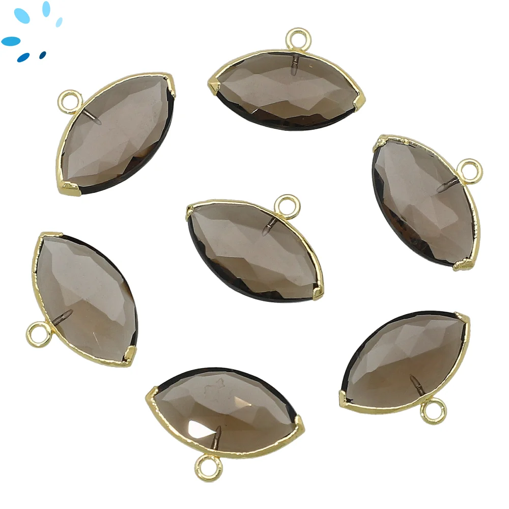Smoky Quartz Marquise Charm Pendant 20x11mm 18k Gold Electroplated - Set of 2