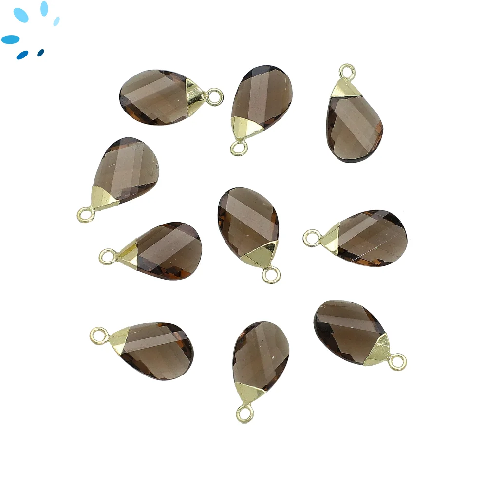 Smoky Quartz Pear Charm Pendant 13x8mm 18k Gold Electroplated - Set of 4