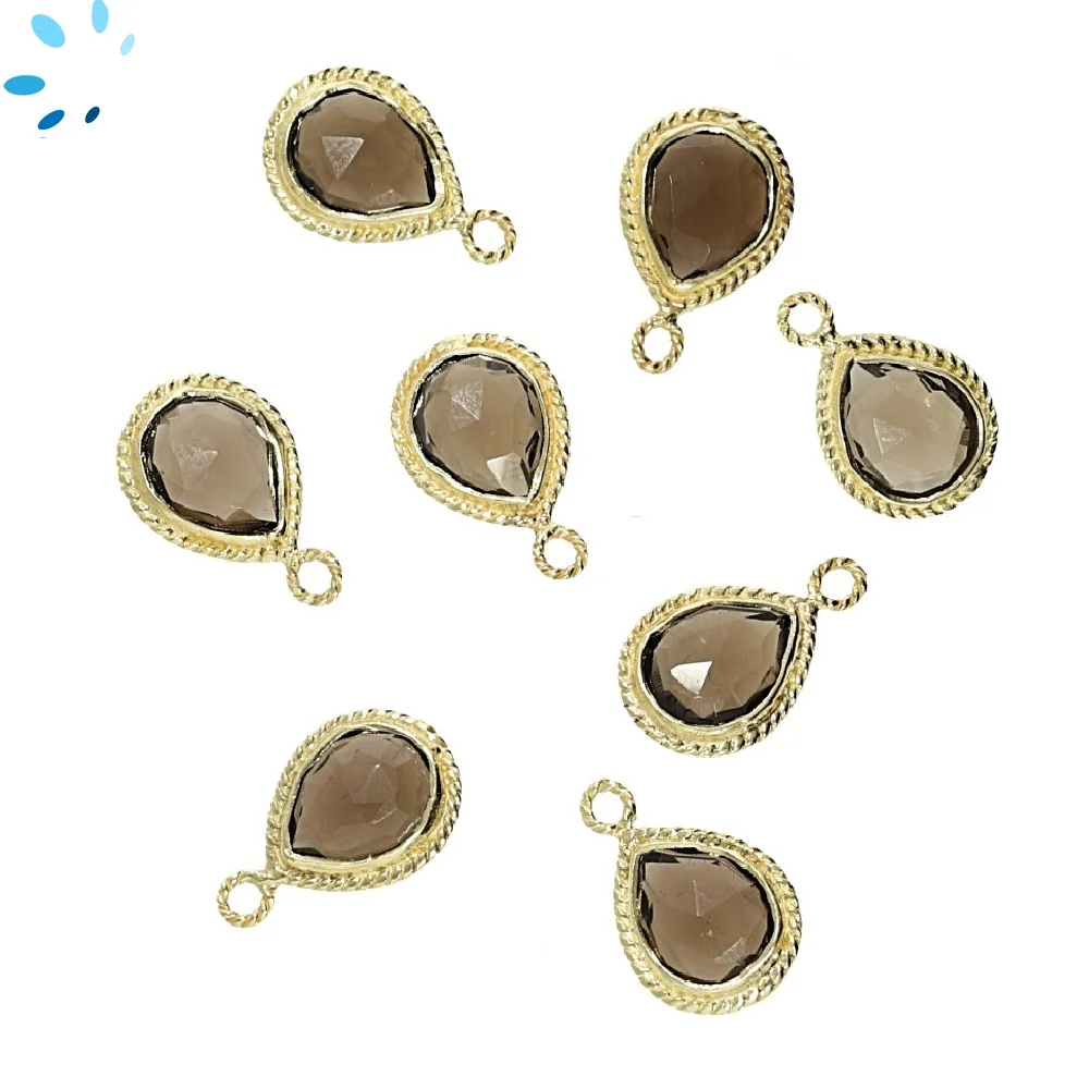 Smoky Quartz Pear Twisted Wire Bezel Charm Pendant 11x9mm - 18k Gold Plated Sterling Silver - Set of 4