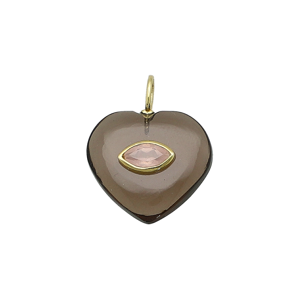 Smoky Quartz & Rose Quartz Heart Inlay Pendant Charm 19mm - 18k Gold Plated Sterling Silver