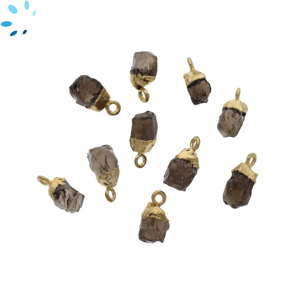 Smoky Quartz Rough Pendant Charm 8x5mm - 10x7mm 18k Gold Electroplated - Set of 4