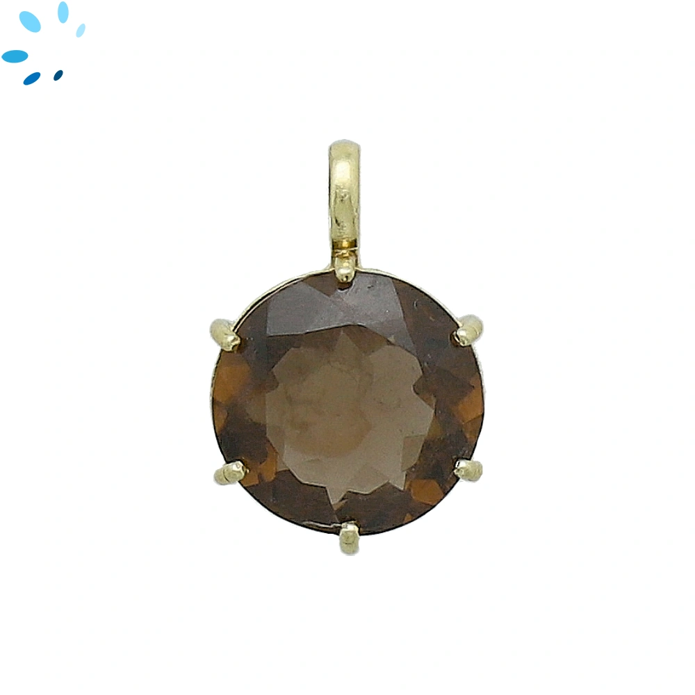 Smoky Quartz Round Prong-Set Pendant Charm 15mm - 18k  Gold Plated Sterling Silver - 1 Piece