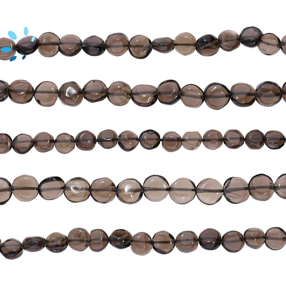 Smoky Quartz Smooth Coin Top to Bottom Drilled Beads 6mm - 14 Inch Strand