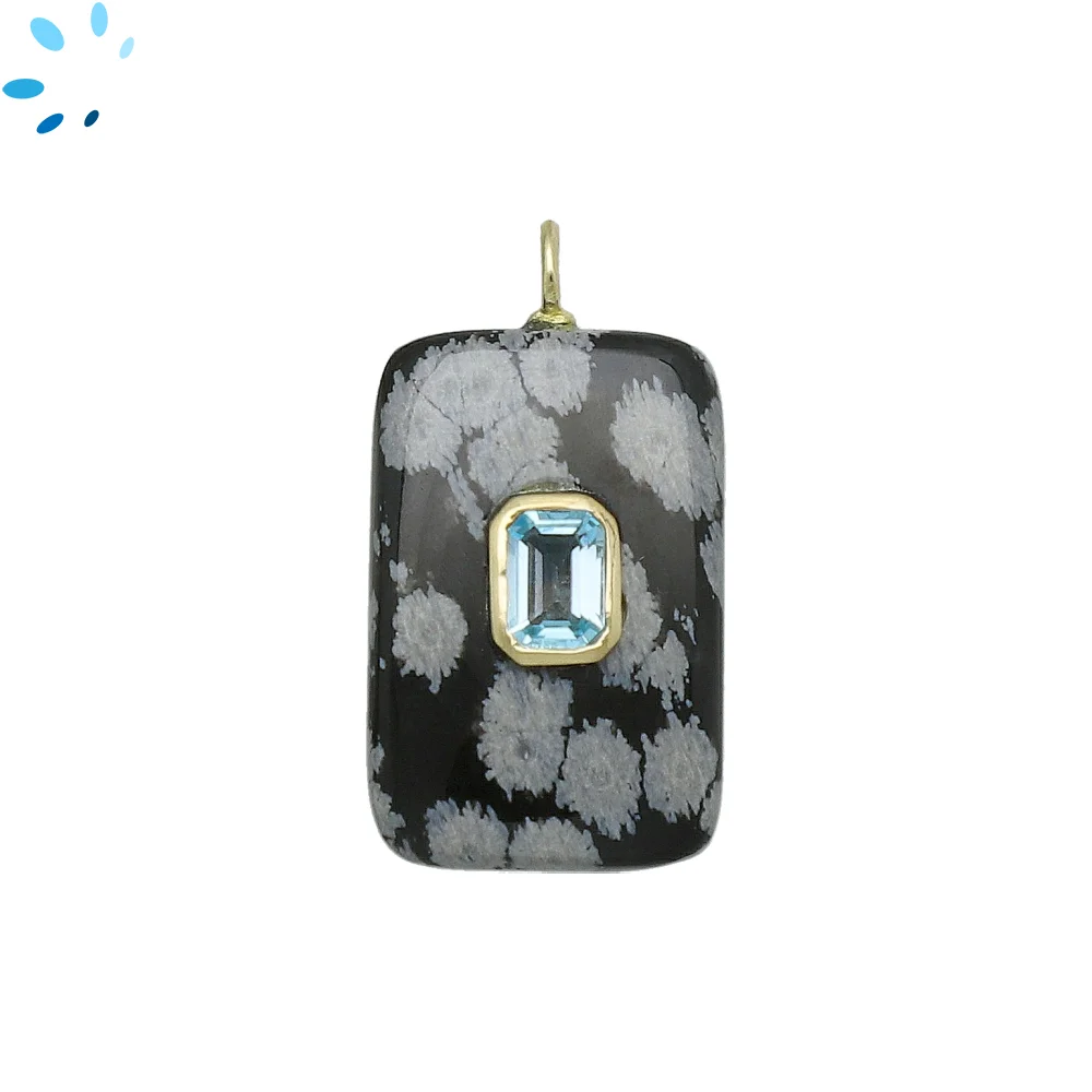 Snow Flake Obsidian & Blue Topaz Slab Rectangle Inlay Pendant Charm 28x18mm - 18k Gold Plated Sterling Silver 1 Piece
