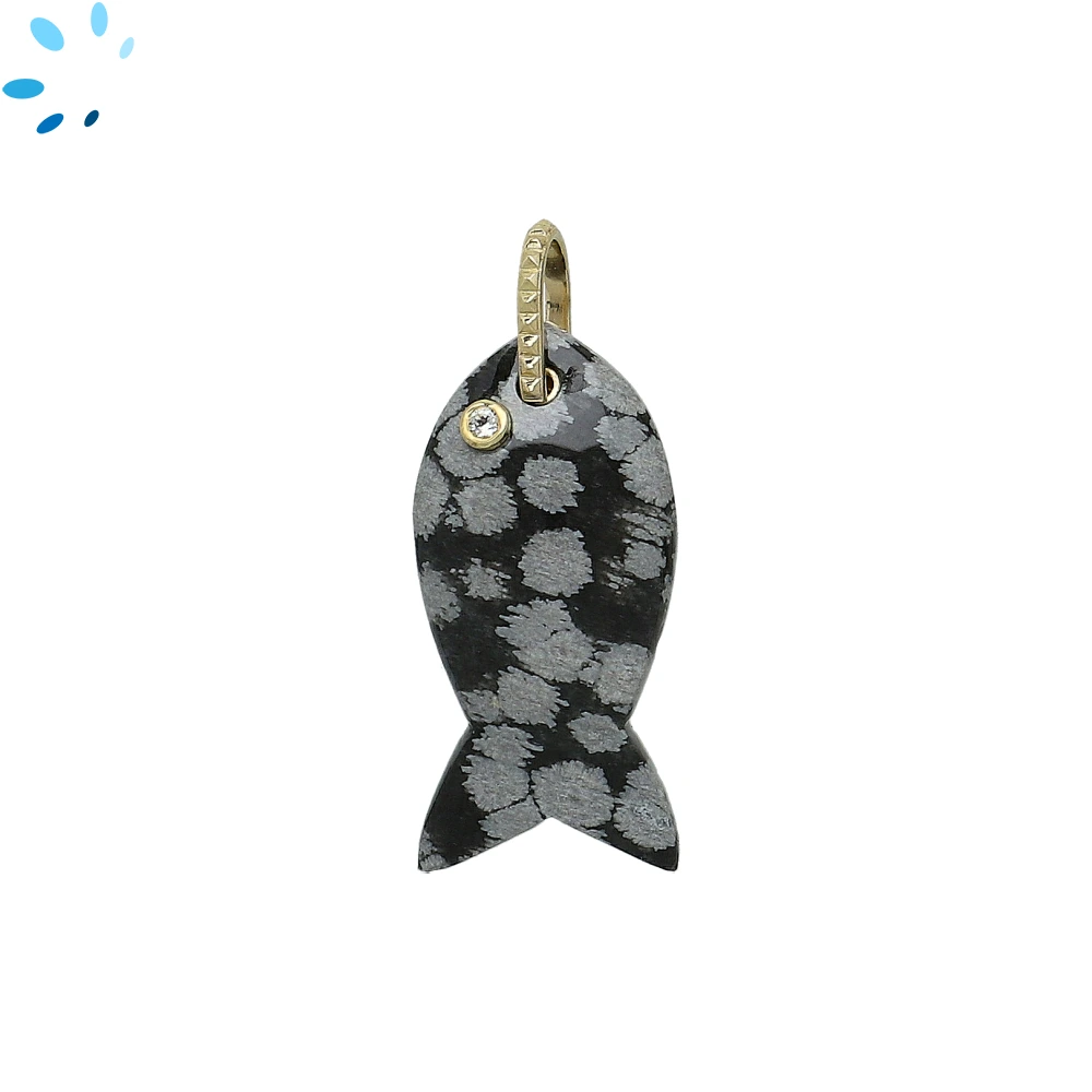 Snow Flake Obsidian & White Topaz Fish Inlay Charm Pendant 32x15mm - 18k Gold Plated Sterling Silver