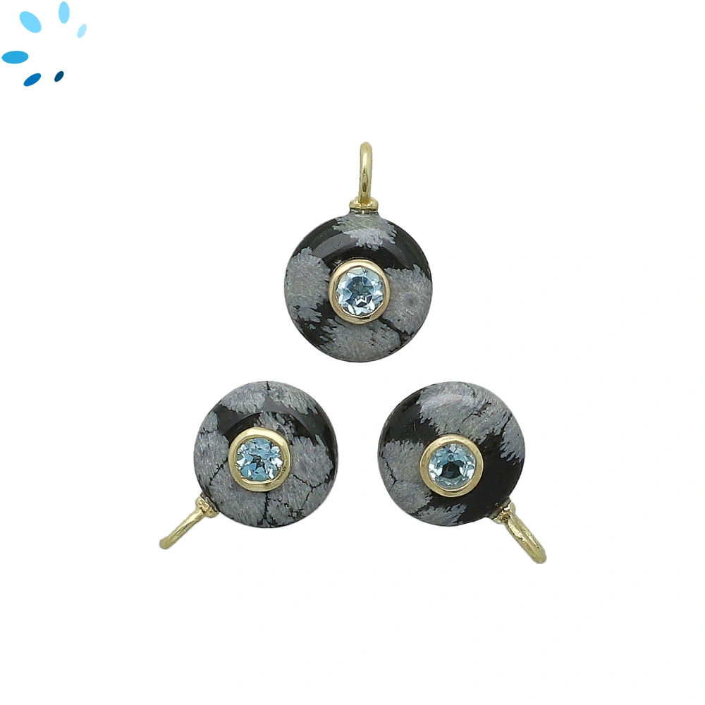 Snowflake Obsidian & Blue Topaz Round Inlay Charm Pendant 12mm - 18k Gold Plated Sterling Silver - 1 Piece